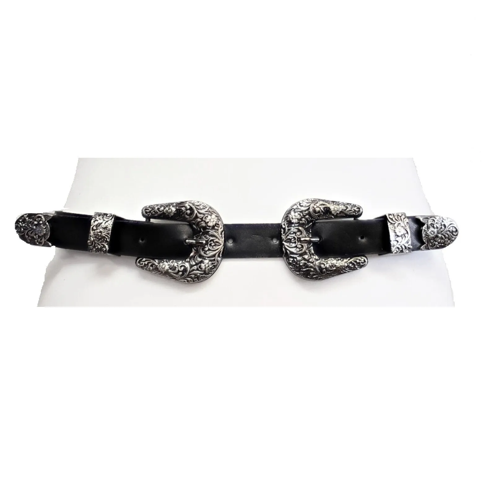 2.3cm Black Western Style Belt with Patterned Silver Buckle