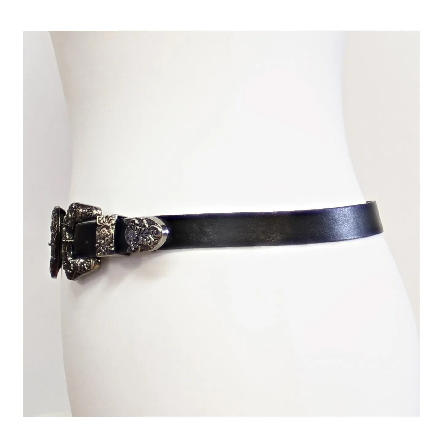 2.3cm Black Western Style Belt with Patterned Silver Buckle