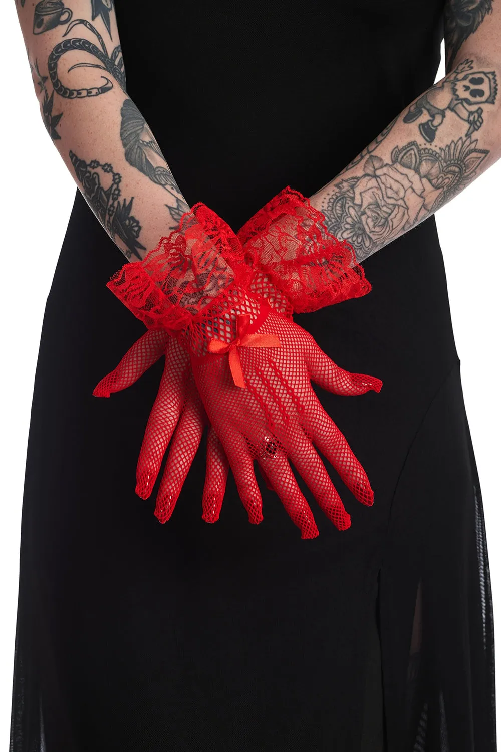 Amal Fishnet Gloves in Red by Banned