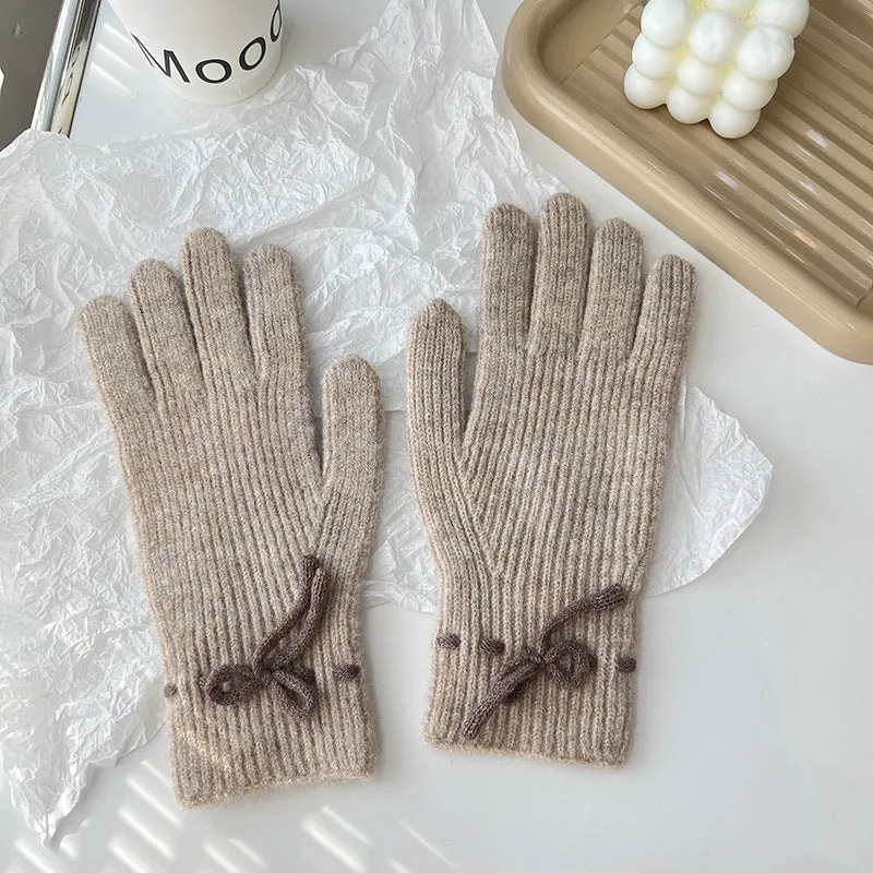 Autumn And Winter New Bow Pure Color Warm Keeping Finger Gloves