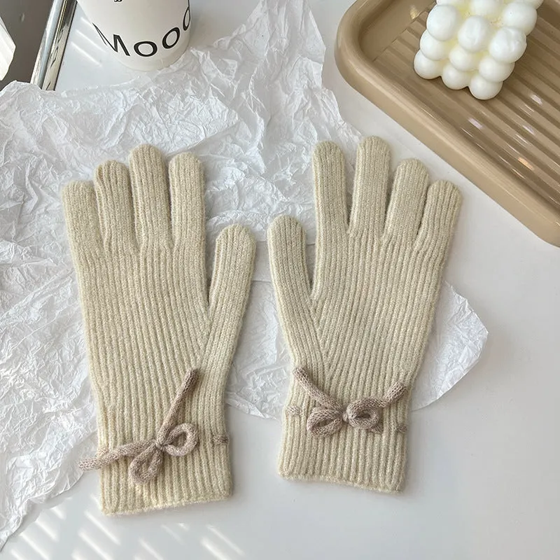 Autumn And Winter New Bow Pure Color Warm Keeping Finger Gloves