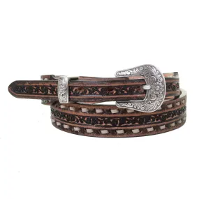 B1163 -  Brown Vintage Tooled Narrow Belt