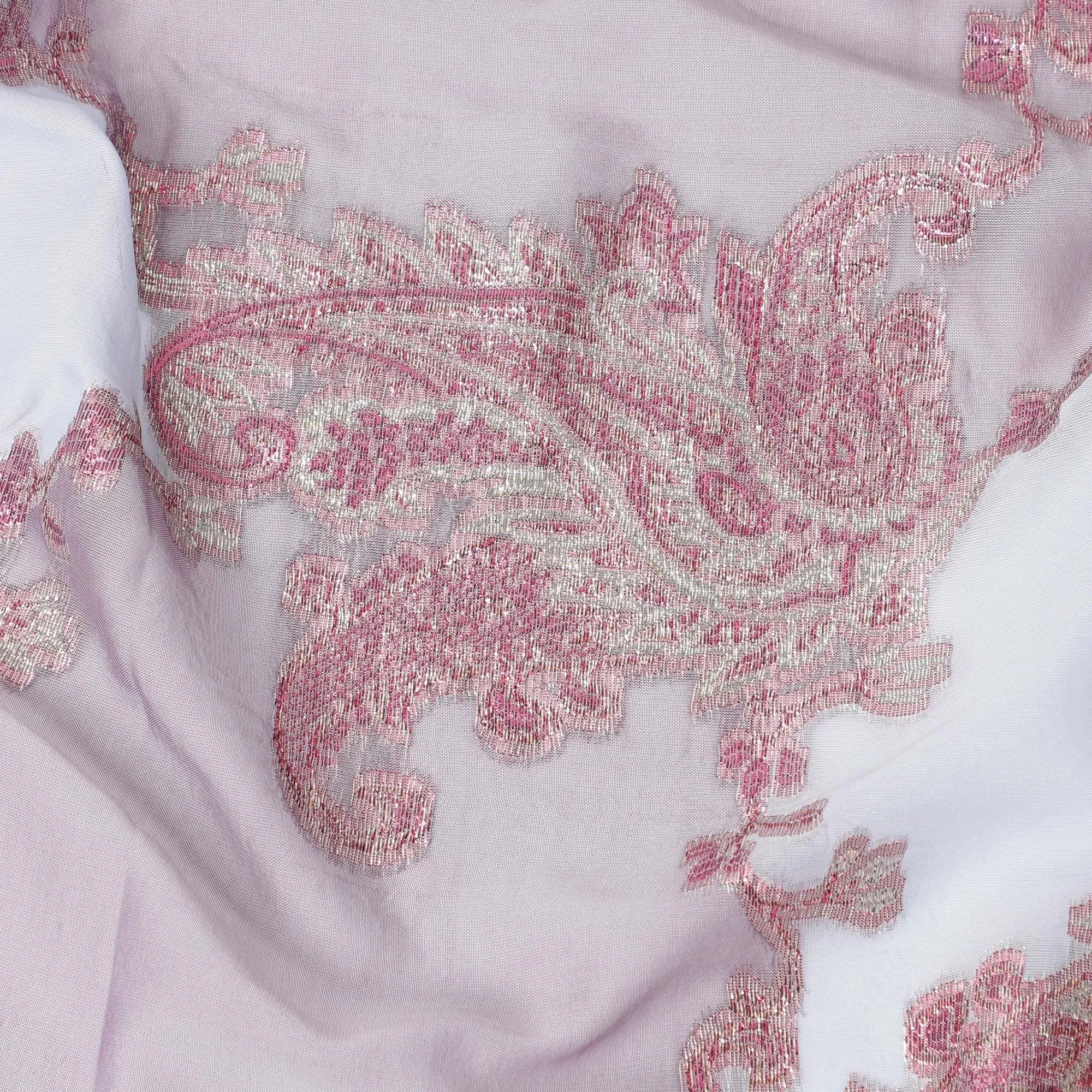 Baby blue Premium pure silk (Dirac) chiffon fabric with brick pink and gold metallic lurex in paisley design-D13409