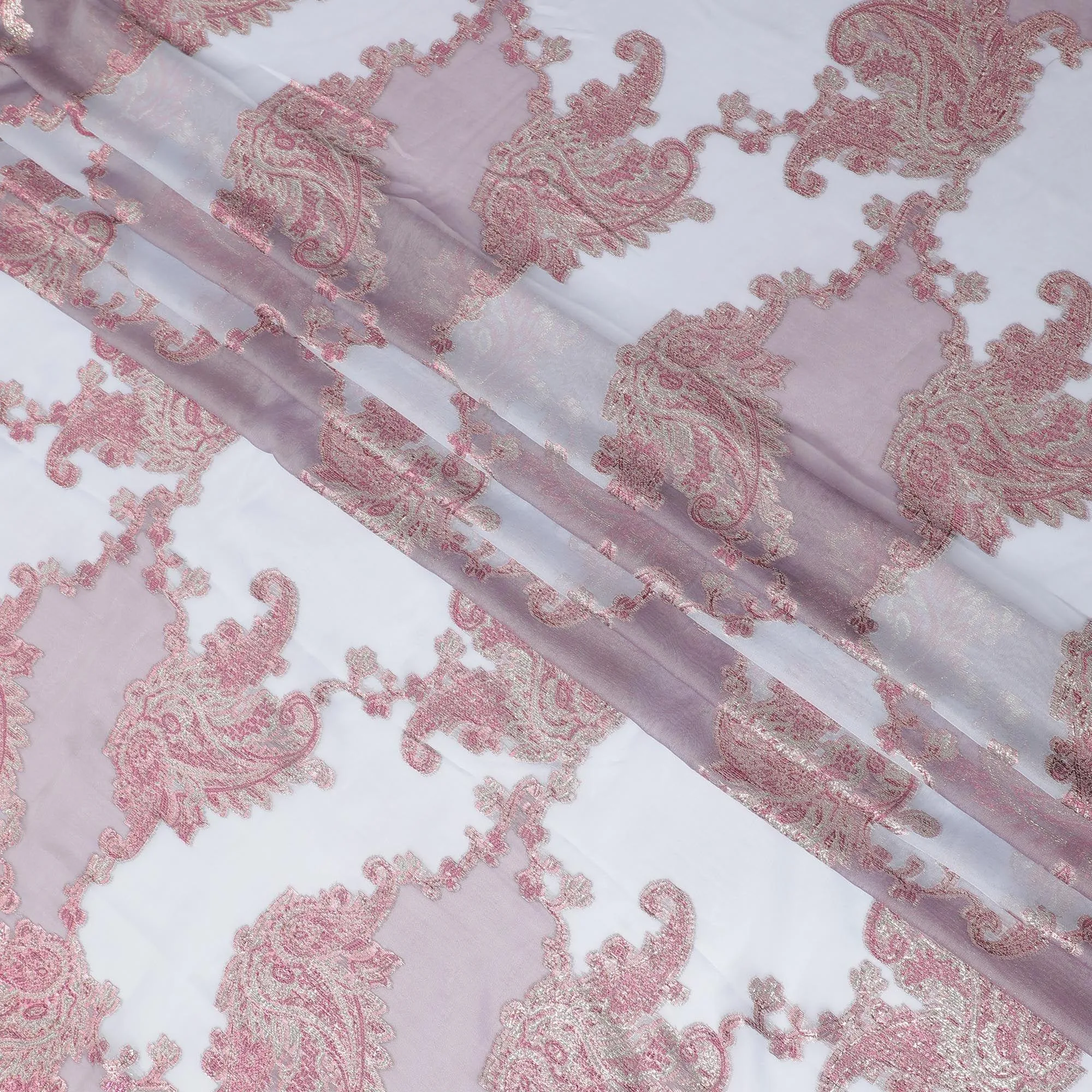 Baby blue Premium pure silk (Dirac) chiffon fabric with brick pink and gold metallic lurex in paisley design-D13409