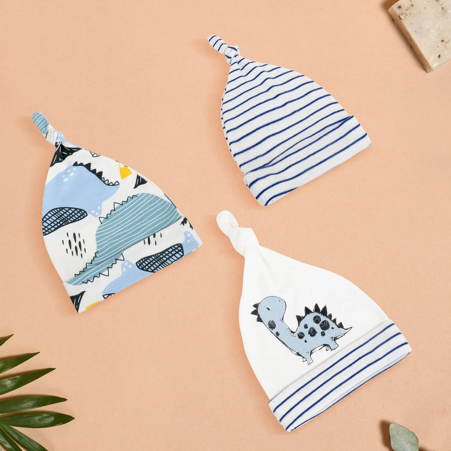 Baby Moo Dino Stripes Knotted Infants Ultra Soft 100% Cotton All Season Pack of 3 Caps - Off White