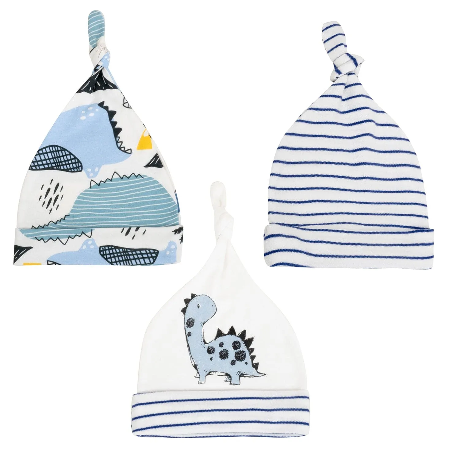 Baby Moo Dino Stripes Knotted Infants Ultra Soft 100% Cotton All Season Pack of 3 Caps - Off White