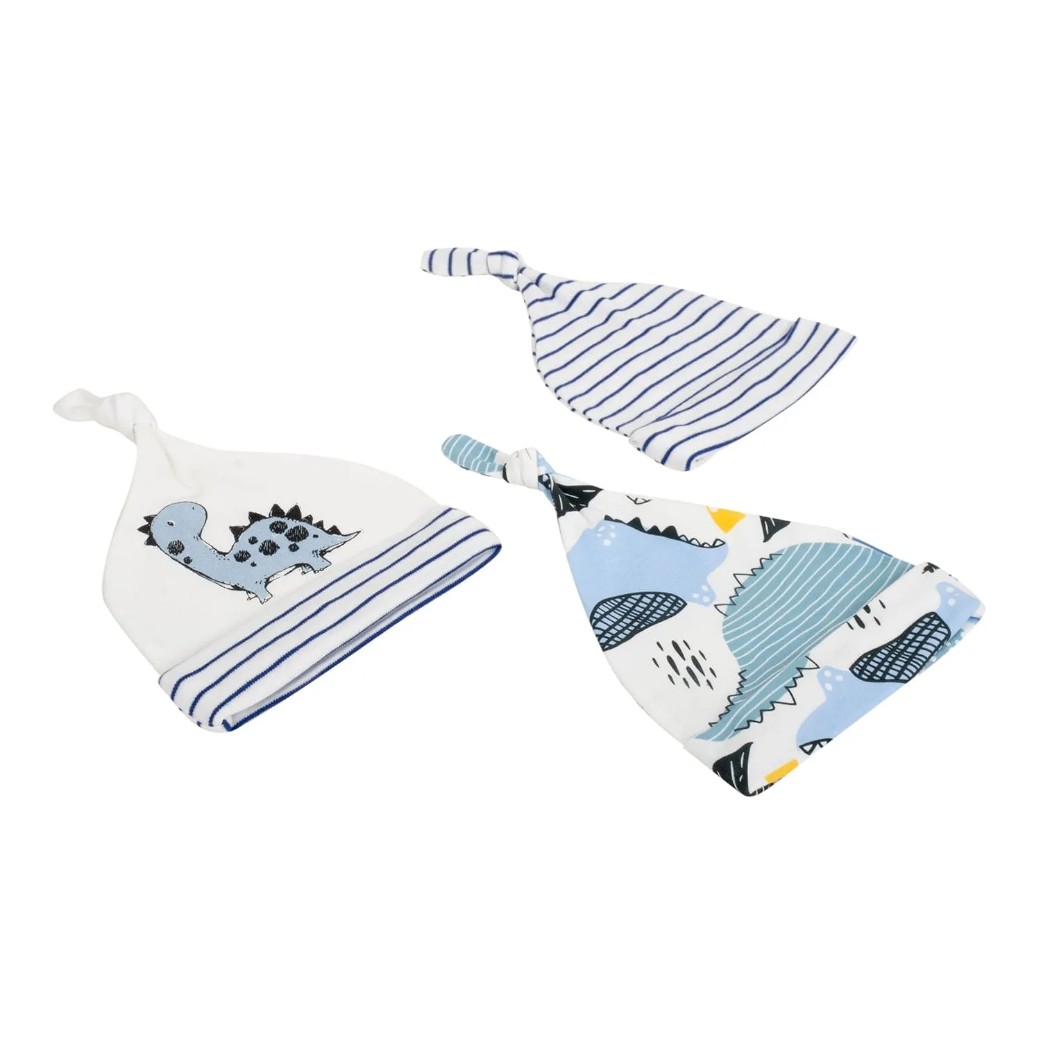 Baby Moo Dino Stripes Knotted Infants Ultra Soft 100% Cotton All Season Pack of 3 Caps - Off White