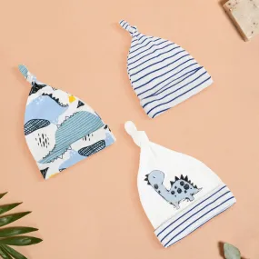 Baby Moo Dino Stripes Knotted Infants Ultra Soft 100% Cotton All Season Pack of 3 Caps - Off White