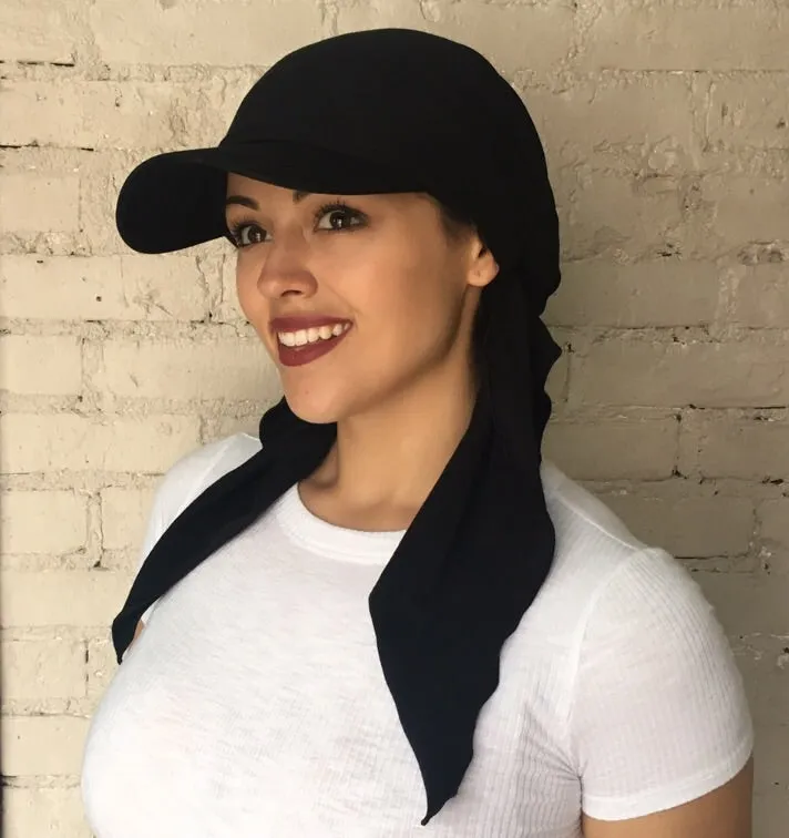 Baseball Cap Scarf Black Sun Visor To Cover Conceal and Shade Hair by Uptown Girl Headwear. Made in USA