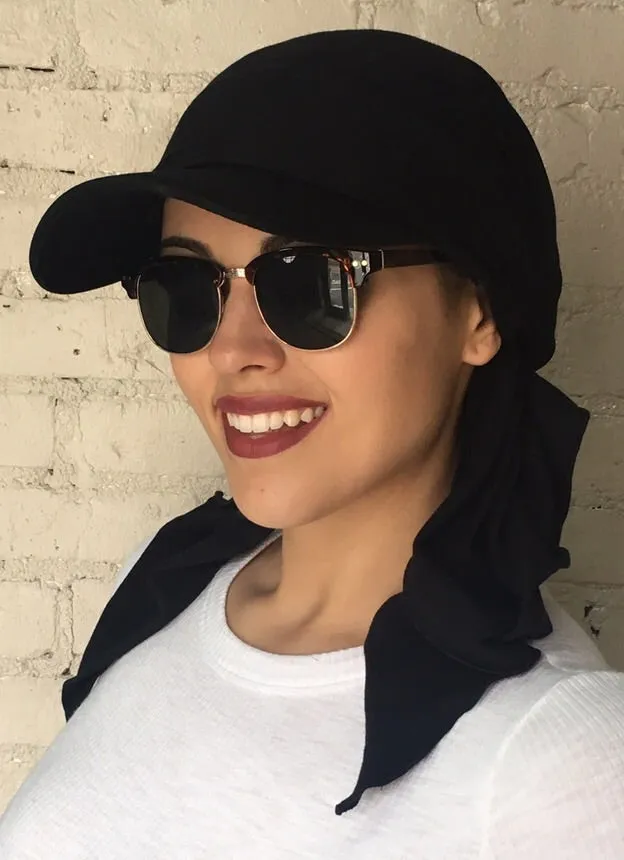 Baseball Cap Scarf Black Sun Visor To Cover Conceal and Shade Hair by Uptown Girl Headwear. Made in USA