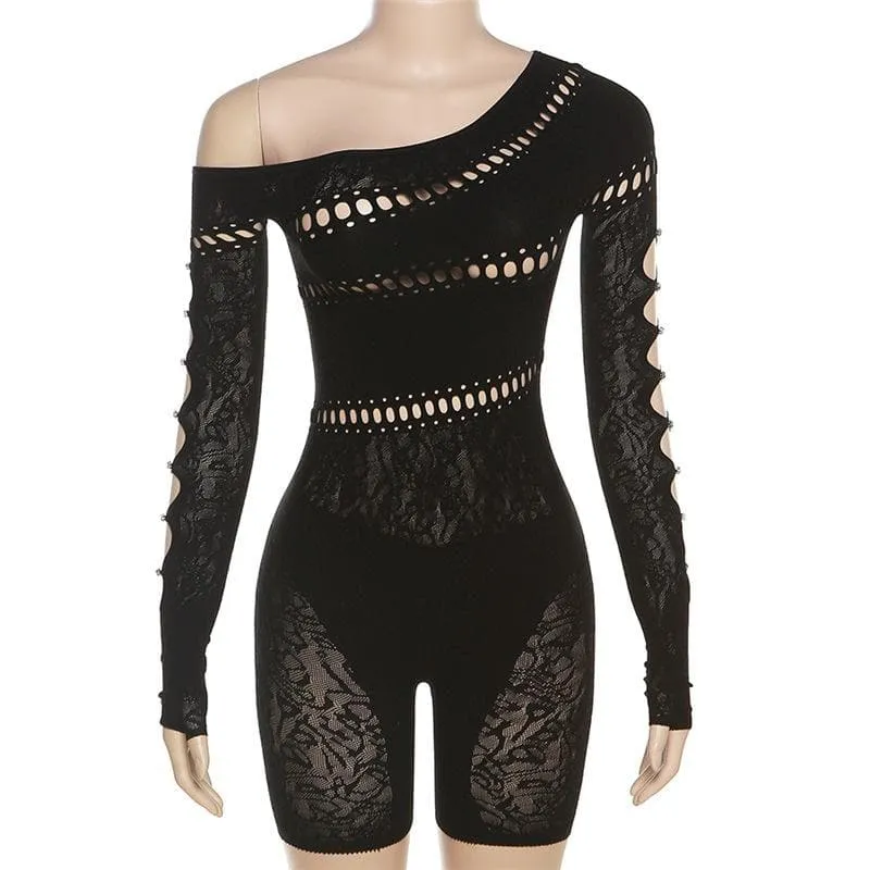 Beaded hollow out long sleeve gloves fishnet off shoulder romper