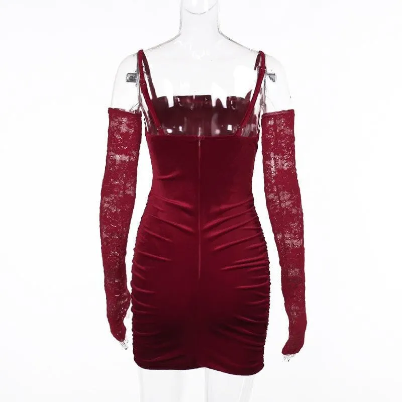 BerriesJam - Cowl Neck Ruched Gloves Lace Zip-Up Cami Mini Dress