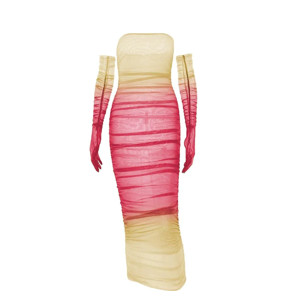 BerriesJam - Mesh See Through Gradient Gloves Ruched Tube Maxi Dress