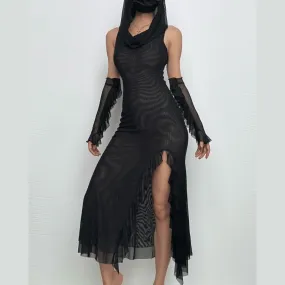 BerriesJam - Sleeveless Mesh Slit Gloves Hoodie Midi Dress