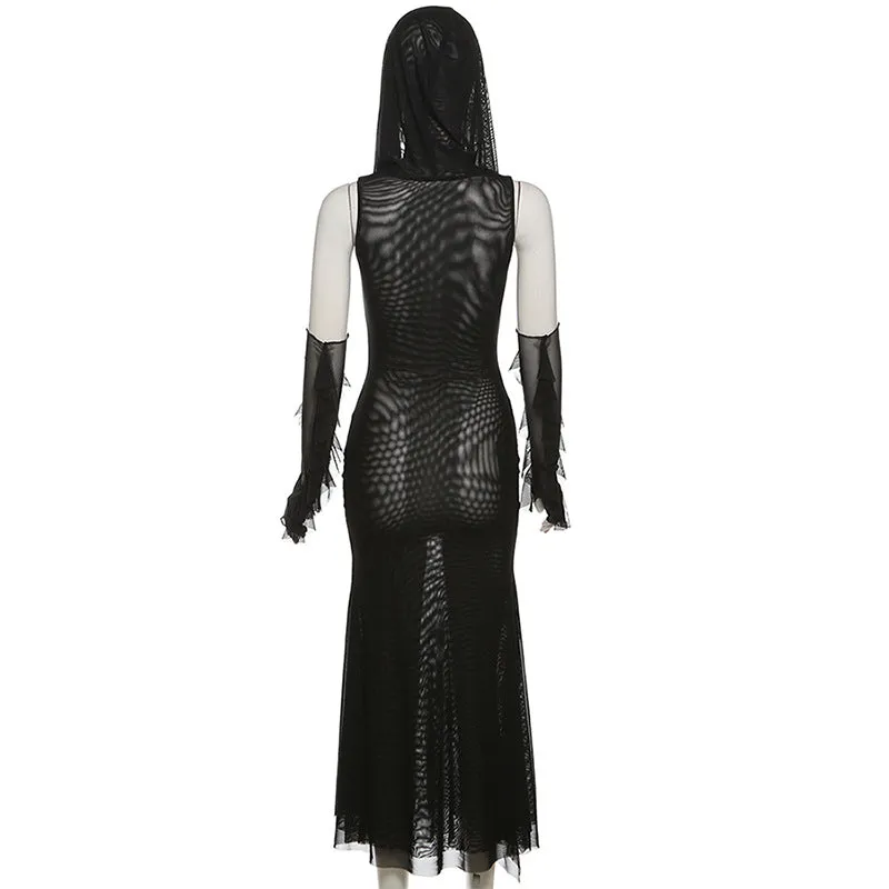 BerriesJam - Sleeveless Mesh Slit Gloves Hoodie Midi Dress