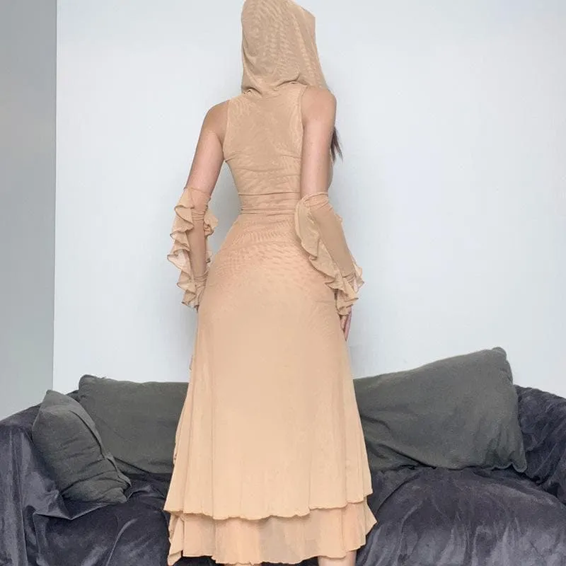 BerriesJam - Sleeveless Mesh Slit Gloves Hoodie Midi Dress