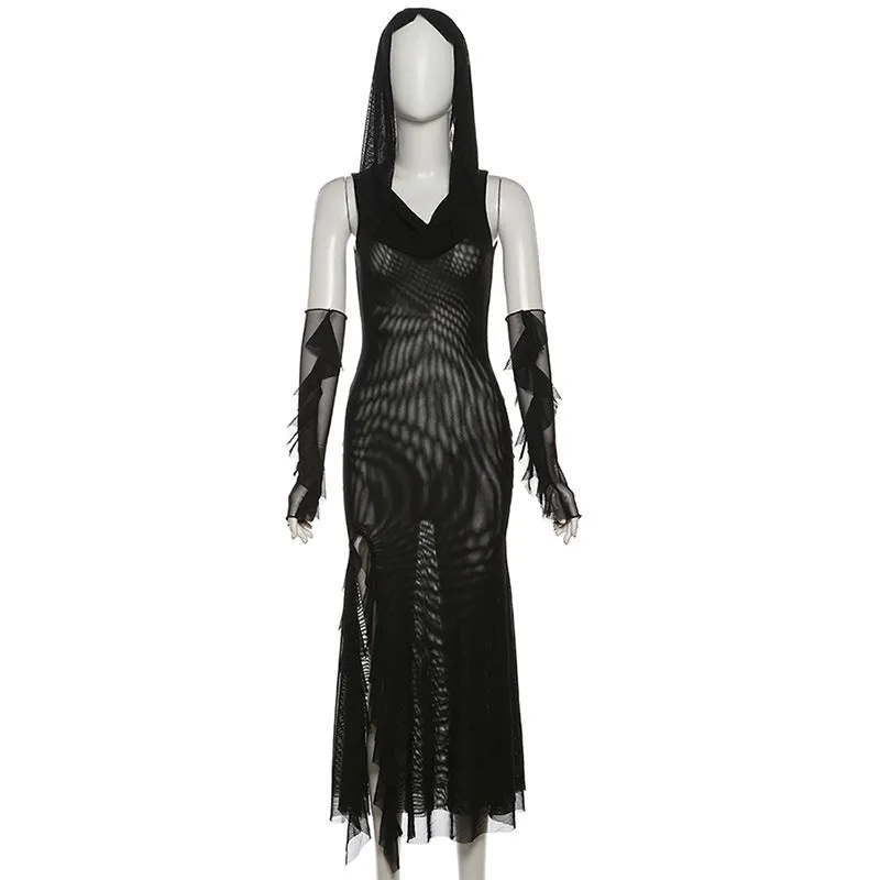 BerriesJam - Sleeveless Mesh Slit Gloves Hoodie Midi Dress