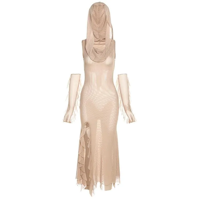 BerriesJam - Sleeveless Mesh Slit Gloves Hoodie Midi Dress