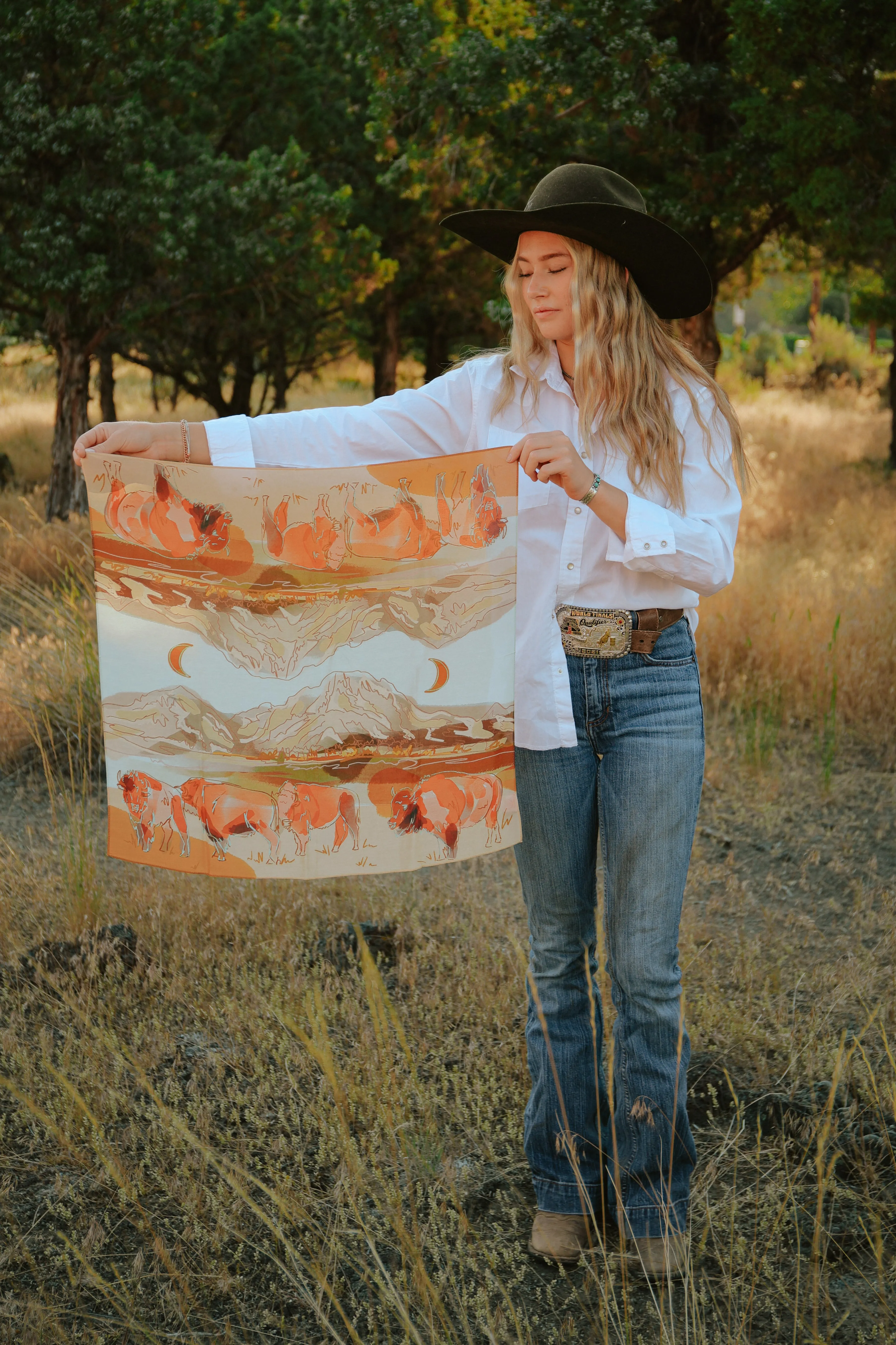 Bison and Mountain Range Western Buffalo Silk Wildrag Scarf