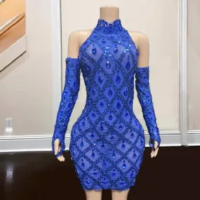 Blue Rhinestone High Neck Birthday Dress with Gloves