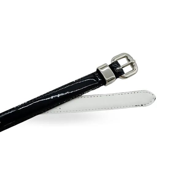 CARRIE - Womens Black Patent Skinny Leather Belt with Silver Buckle