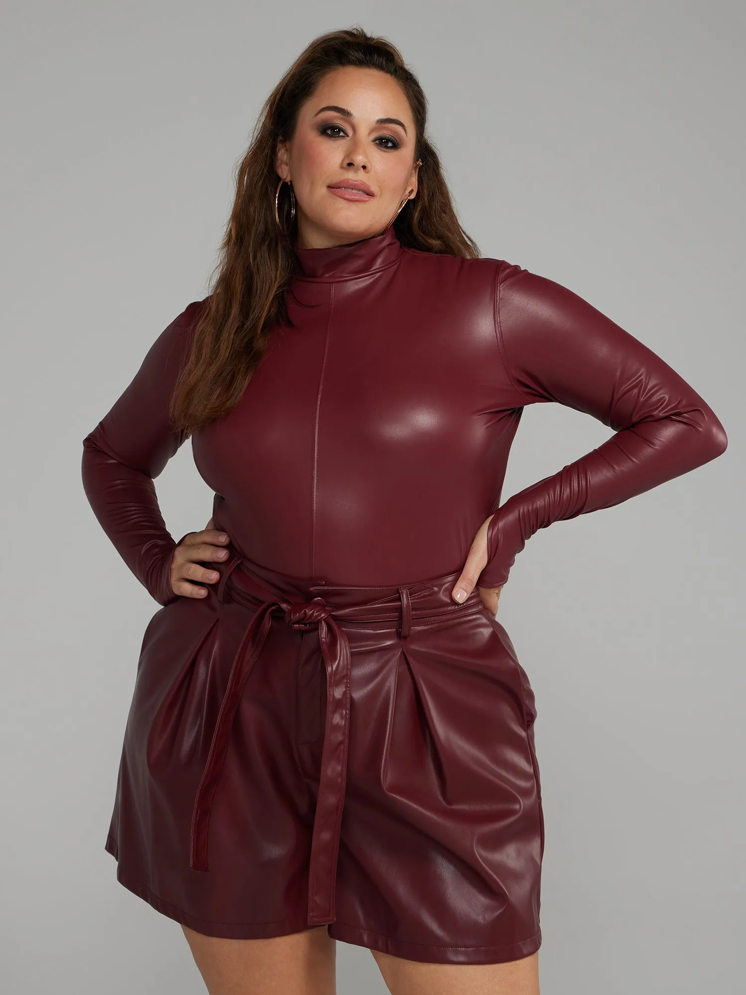 Coated Texture Faux Leather Mockneck Top