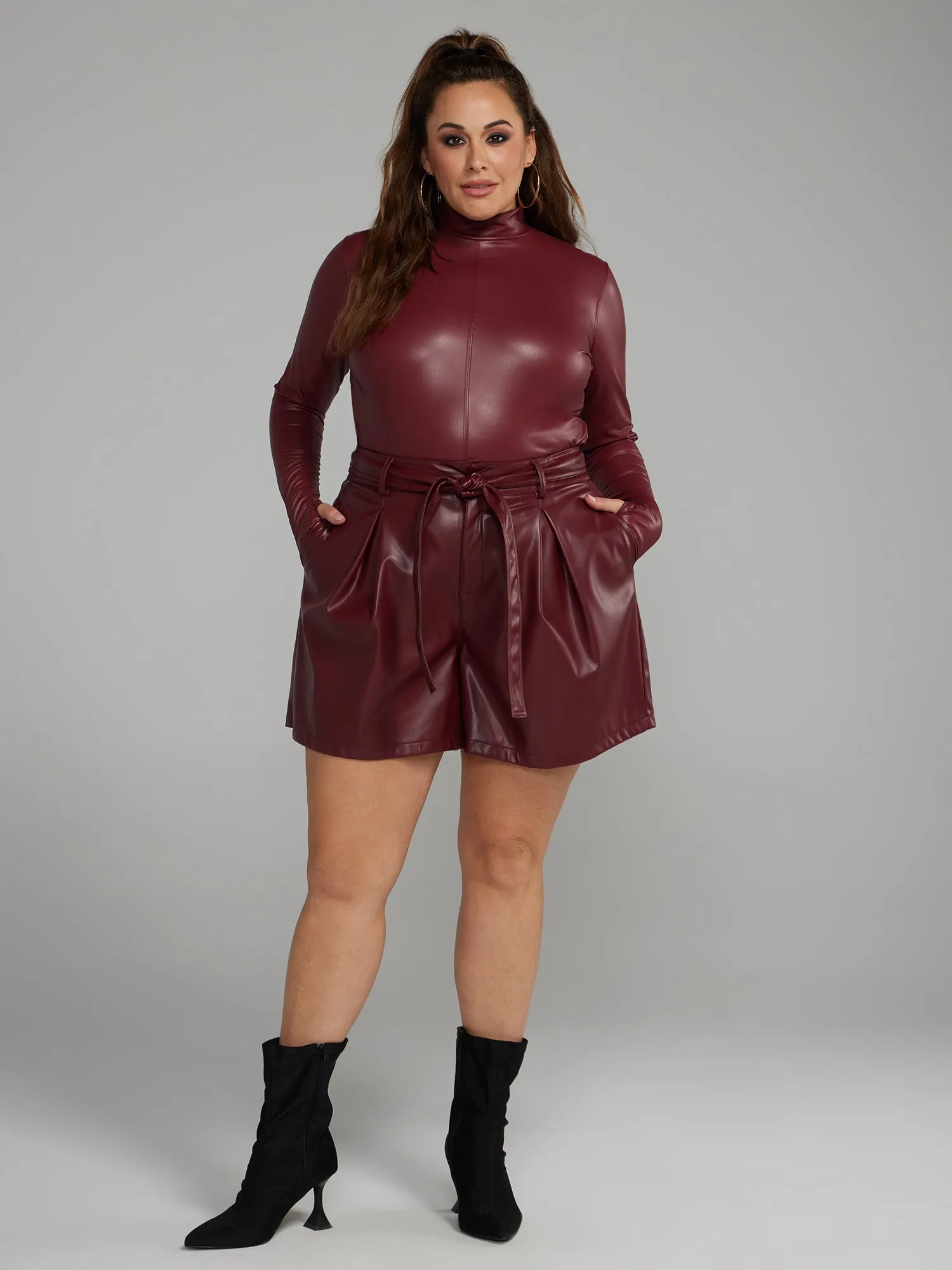 Coated Texture Faux Leather Mockneck Top