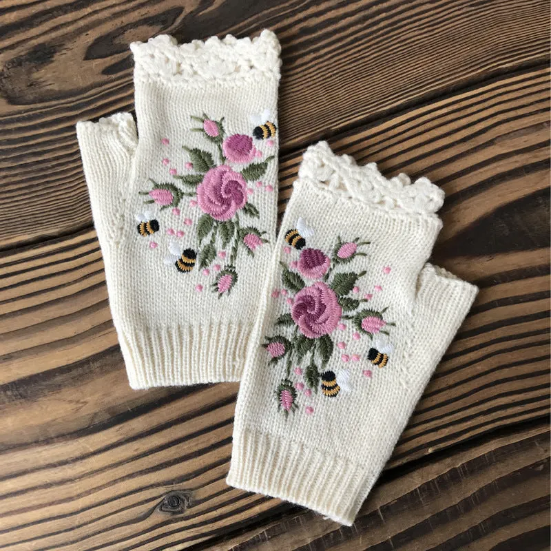 Embroidered Ladies Warm Gloves Bee Floral Knit