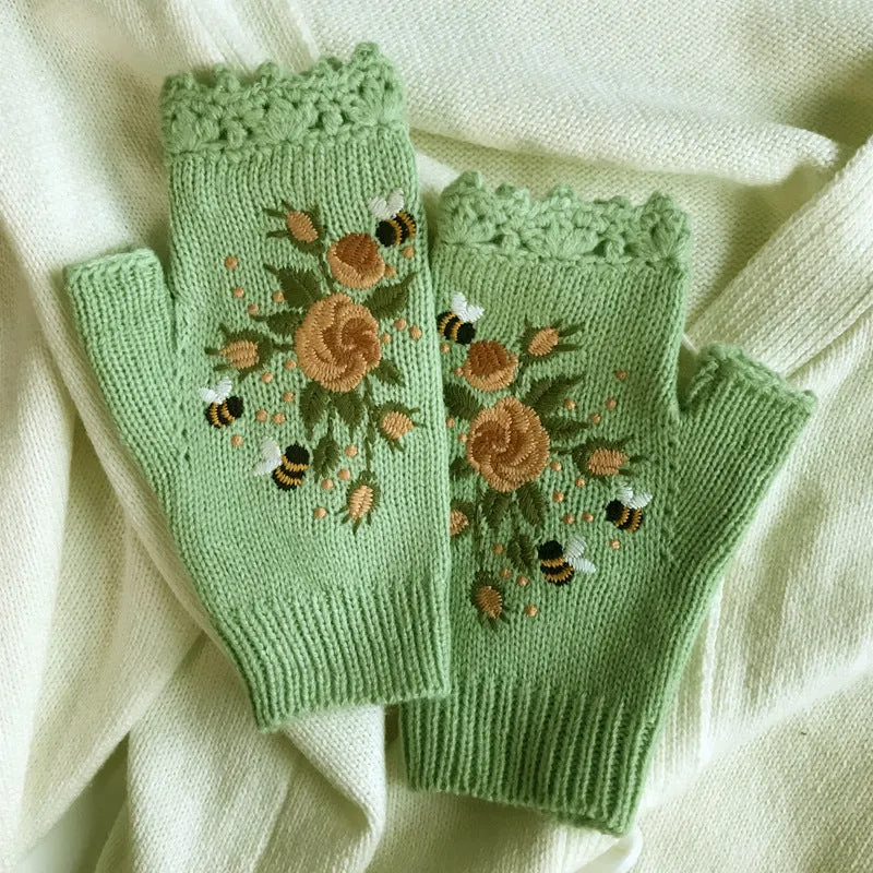 Embroidered Ladies Warm Gloves Bee Floral Knit