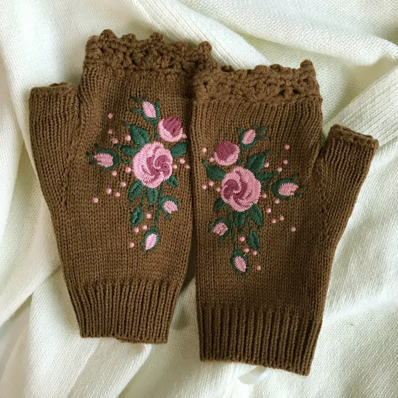 Embroidered Ladies Warm Gloves Bee Floral Knit