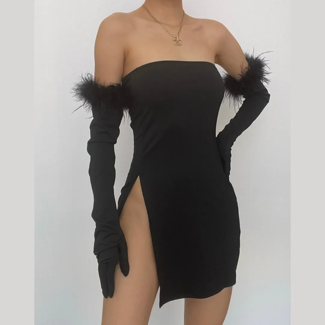 Feather solid slit backless gloves tube mini dress