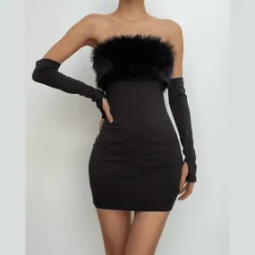 Furry gloves solid backless tube mini dress