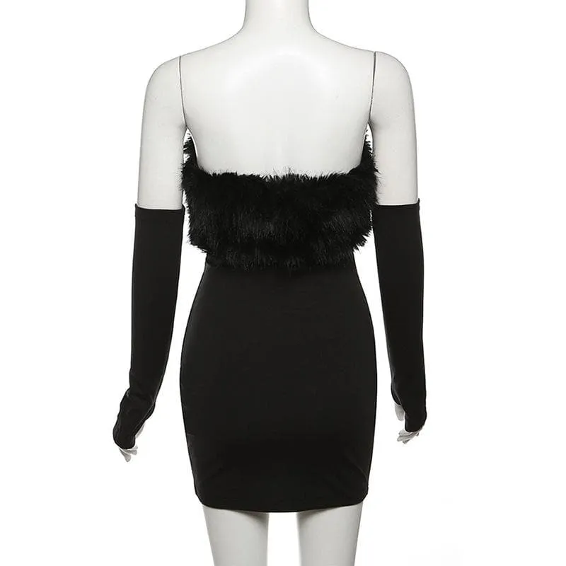 Furry gloves solid backless tube mini dress