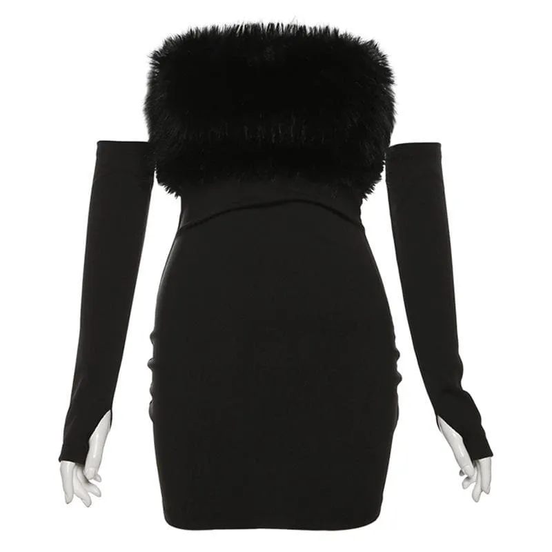 Furry gloves solid backless tube mini dress