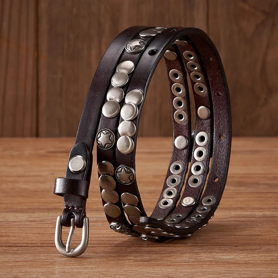 Genuine Leather Rivet Belt Thin Punk Decorative Strap Belt for Jeans