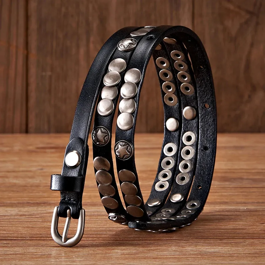 Genuine Leather Rivet Belt Thin Punk Decorative Strap Belt for Jeans