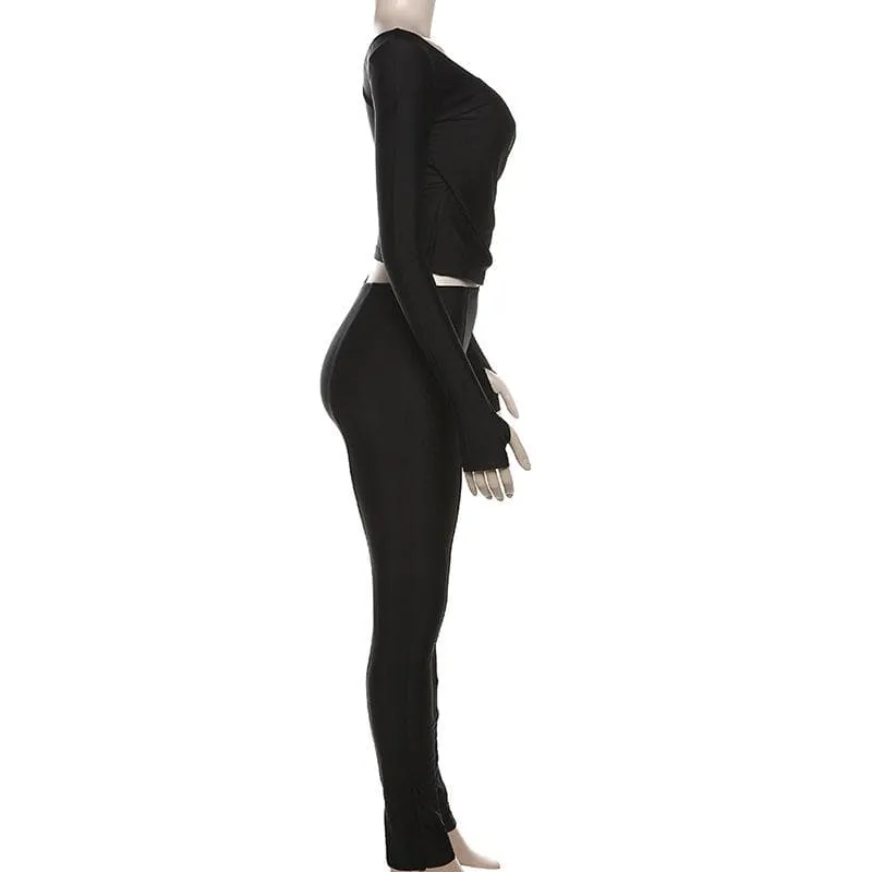 Gloves solid v neck long sleeve ruched pant set