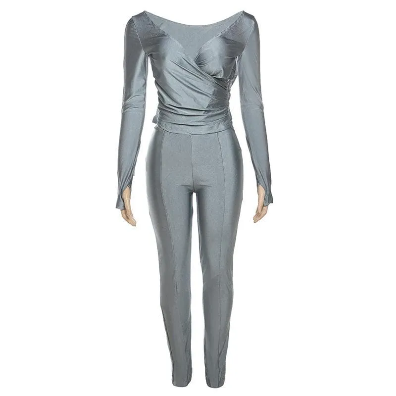 Gloves solid v neck long sleeve ruched pant set