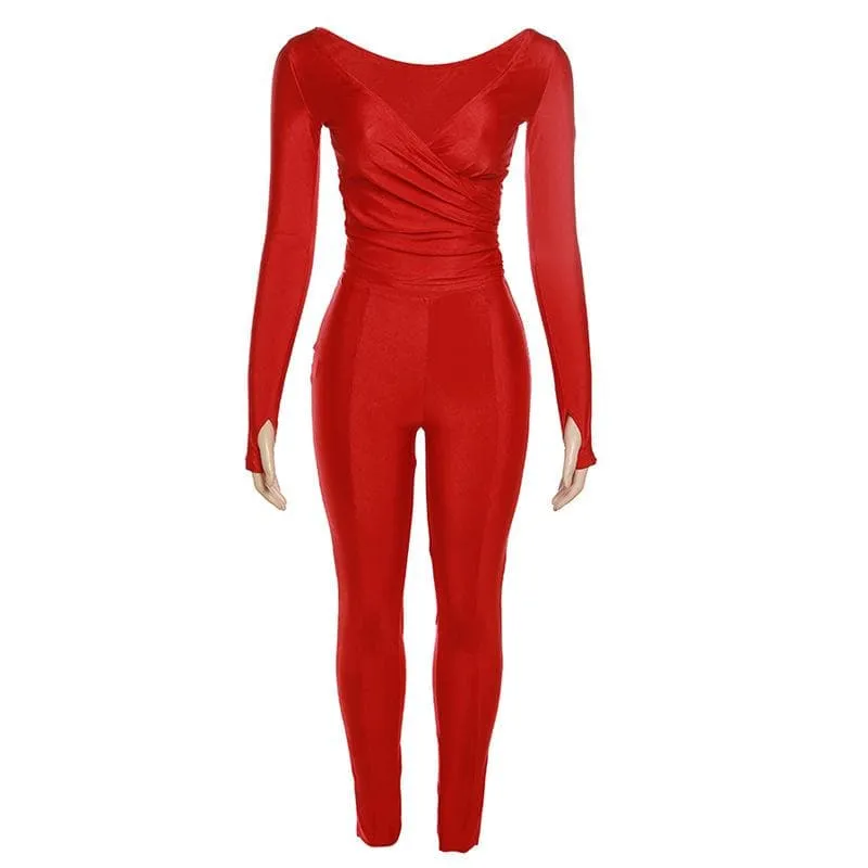 Gloves solid v neck long sleeve ruched pant set