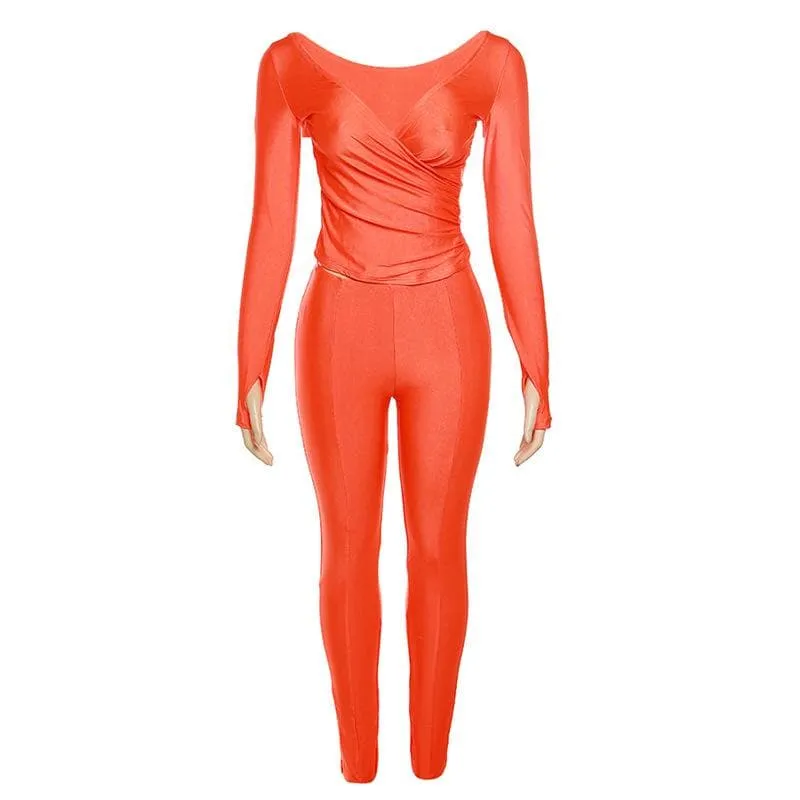 Gloves solid v neck long sleeve ruched pant set