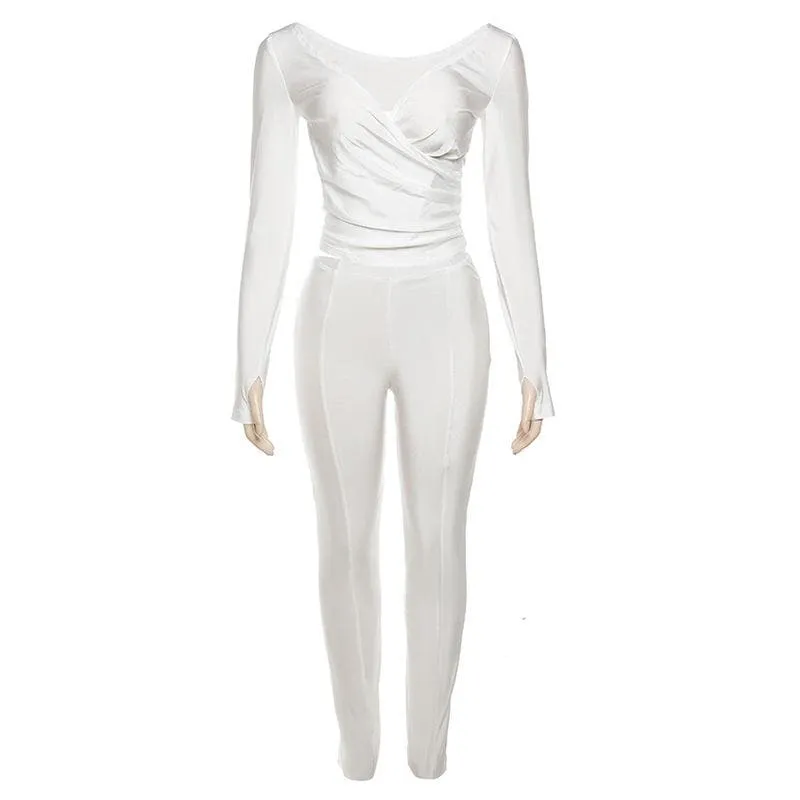 Gloves solid v neck long sleeve ruched pant set