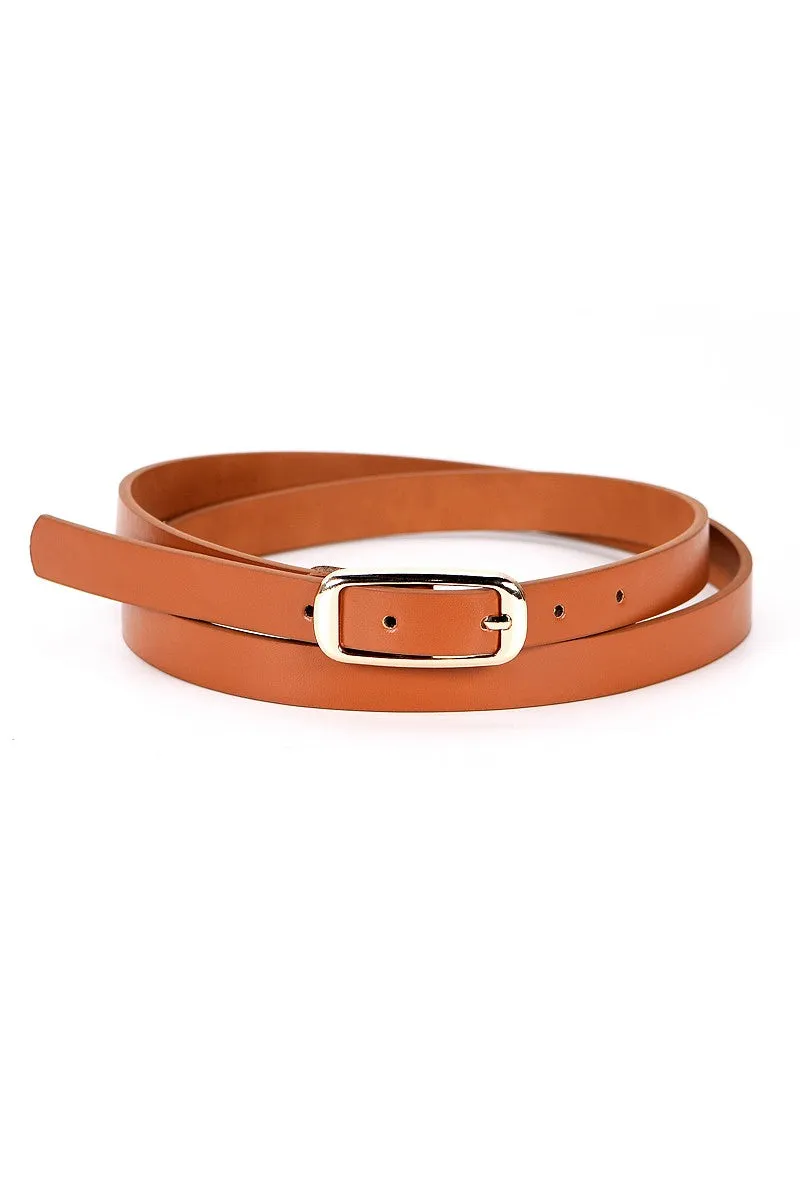 Gold Buckle Thin Belt - Brown