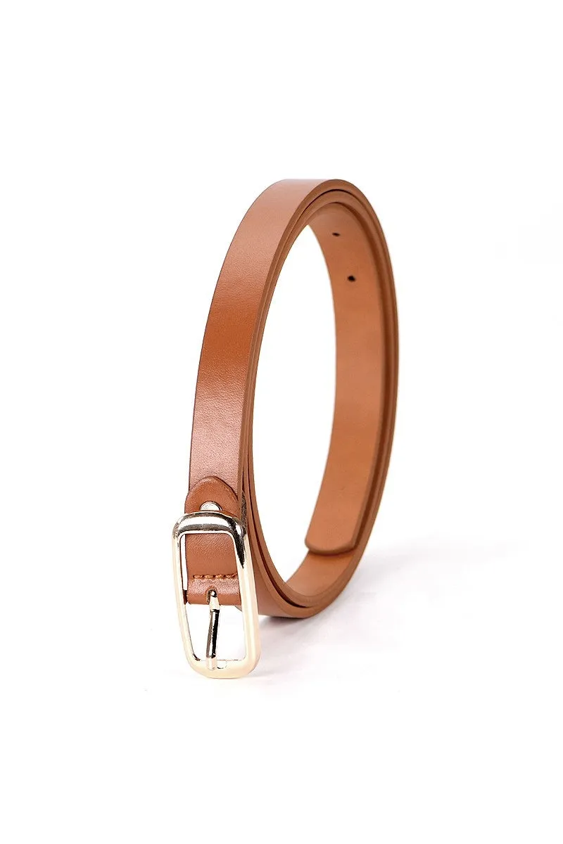 Gold Buckle Thin Belt - Brown