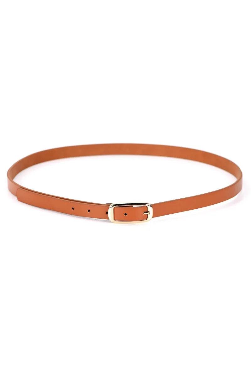 Gold Buckle Thin Belt - Brown