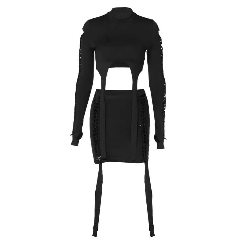 Hollow out high neck long sleeve solid gloves ribbon mini skirt set