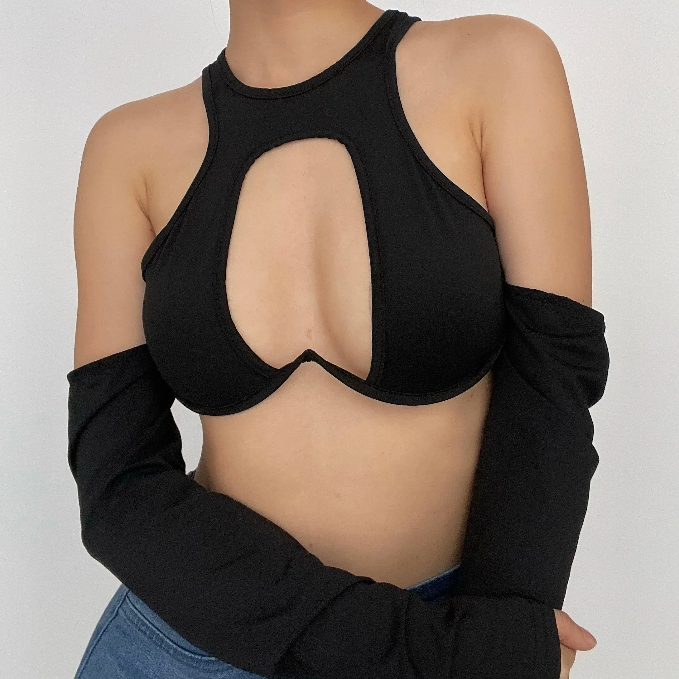 Hollow out solid round neck low cut gloves crop cut out top