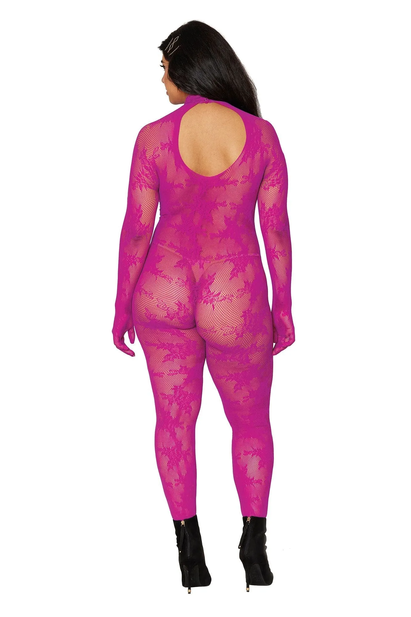 Hot Pink Lace Long Sleeve Bodystocking with Attached Gloves