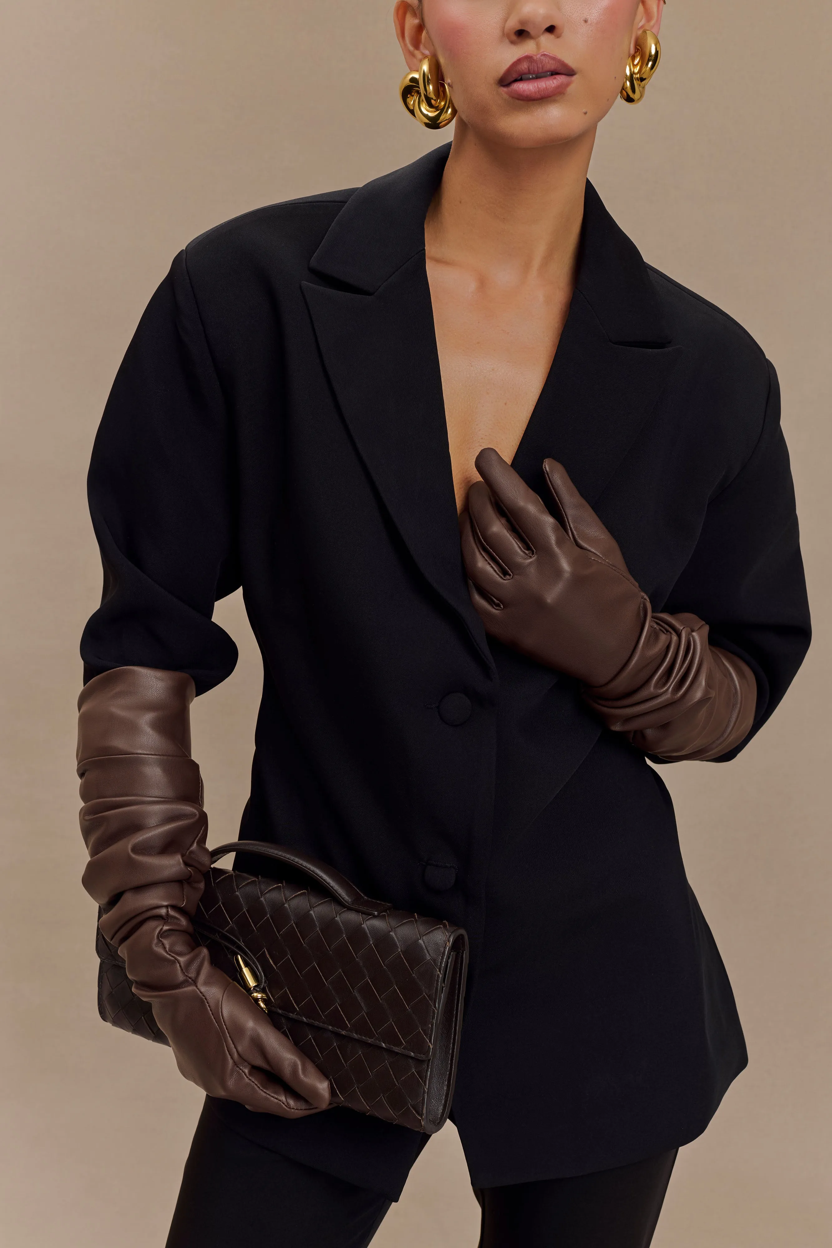 Jasper Faux Leather Elbow Length Gloves - Dark Chocolate