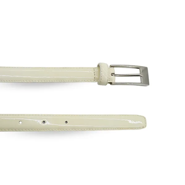 LACEY - Womens Off-White Skinny Genuine Leather Patent Belt with Silver Buckle