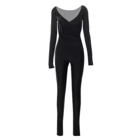 Long sleeve gloves solid v neck ruched jumpsuit